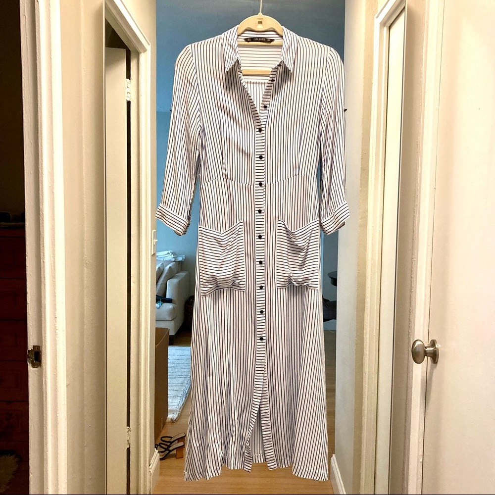 Zara Pin Striped Midi Maxi Shirtdress or Swim Coverup